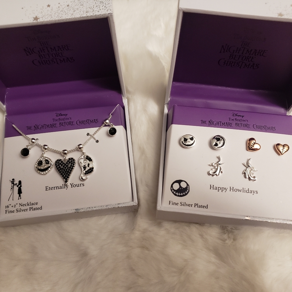 Disney Nightmare Before Christmas Silver and Black Necklace And Earring Set